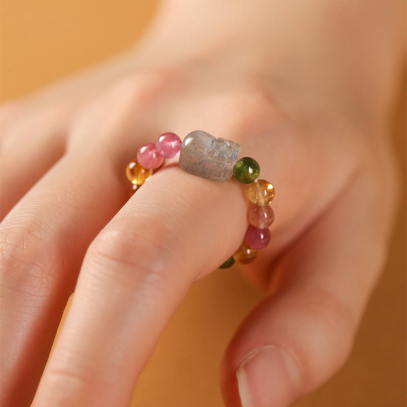 Buddha Stones Natural Tourmaline Lucky Pearl Pixiu Amber Positive Love Ring