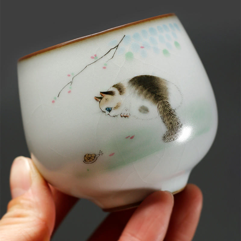 Buddha Stones Cute Cat Branches Teacup Kung Fu Tea Cup With Gift Box