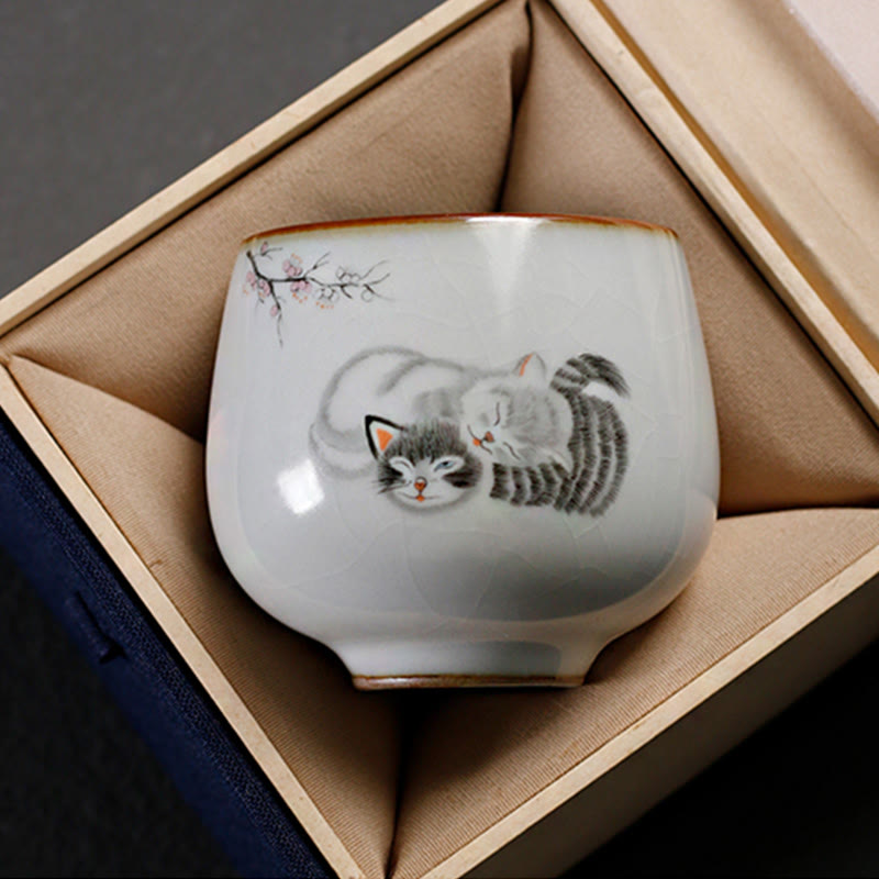 Buddha Stones Cute Cat Branches Teacup Kung Fu Tea Cup With Gift Box