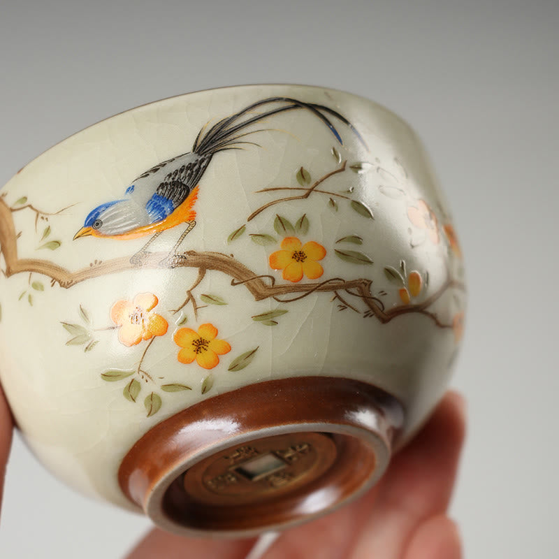 Buddha Stones Bird On Branches Copper Coin Teacup Kung Fu Tea Cup
