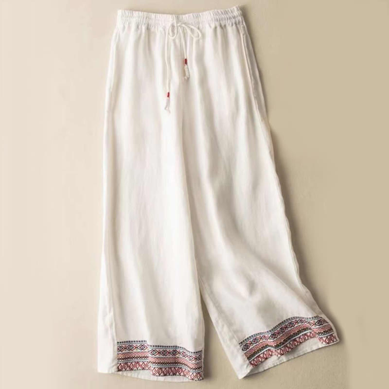 Buddha Stones Plain Bohemian Stripes Women's Wide Leg Cotton Pants With Pockets