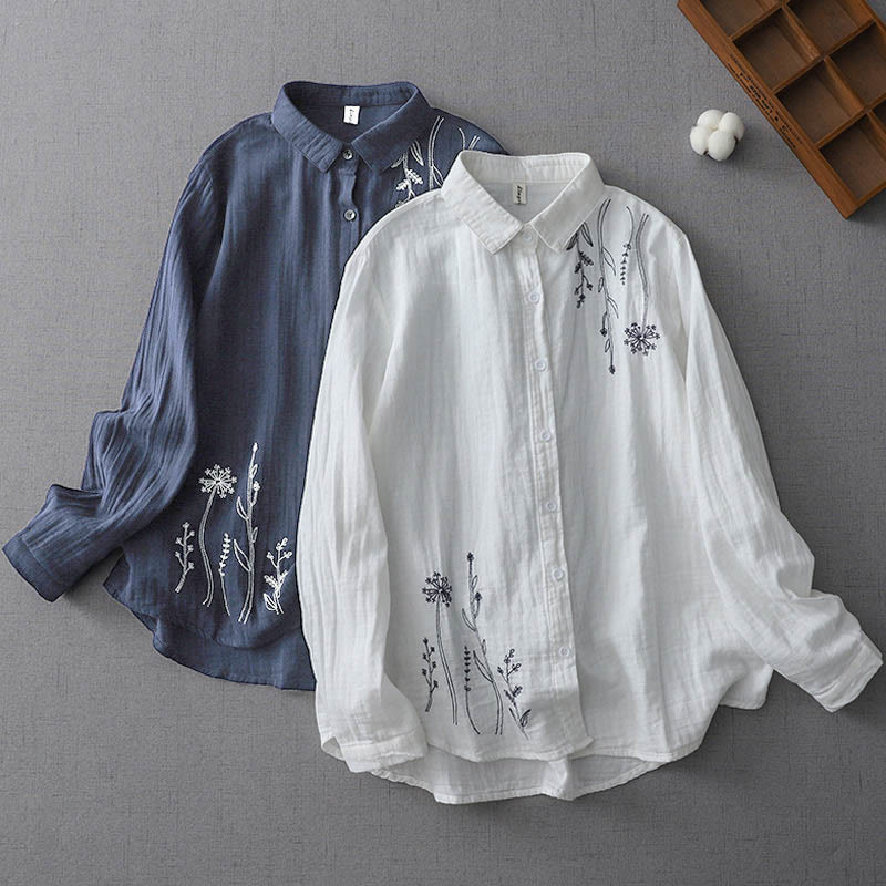 Buddha Stones Fall Dandelion Flower Buttons Long Sleeve Women's Cotton Shirt