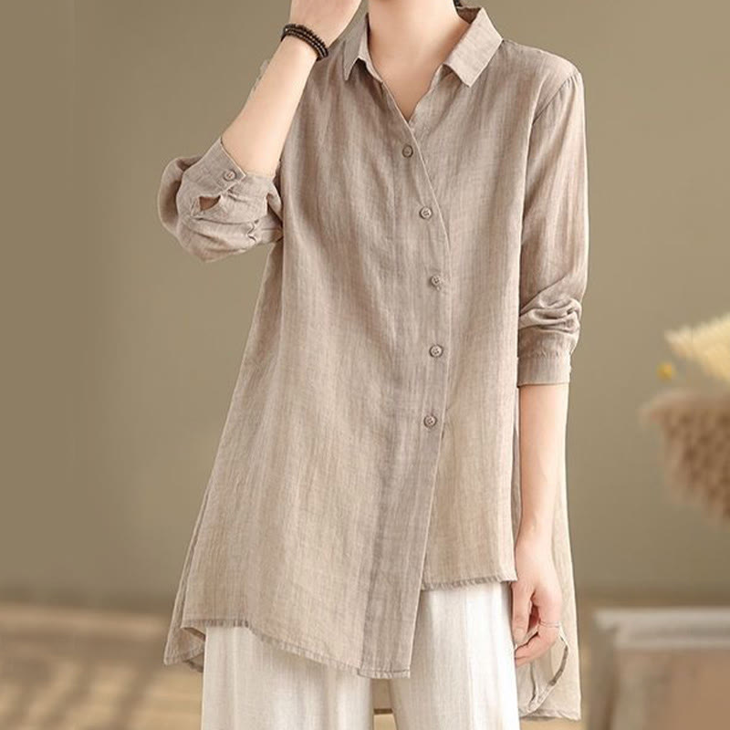 Buddha Stones Irregular Design Buttons Long Sleeve Women's Cotton Shirt