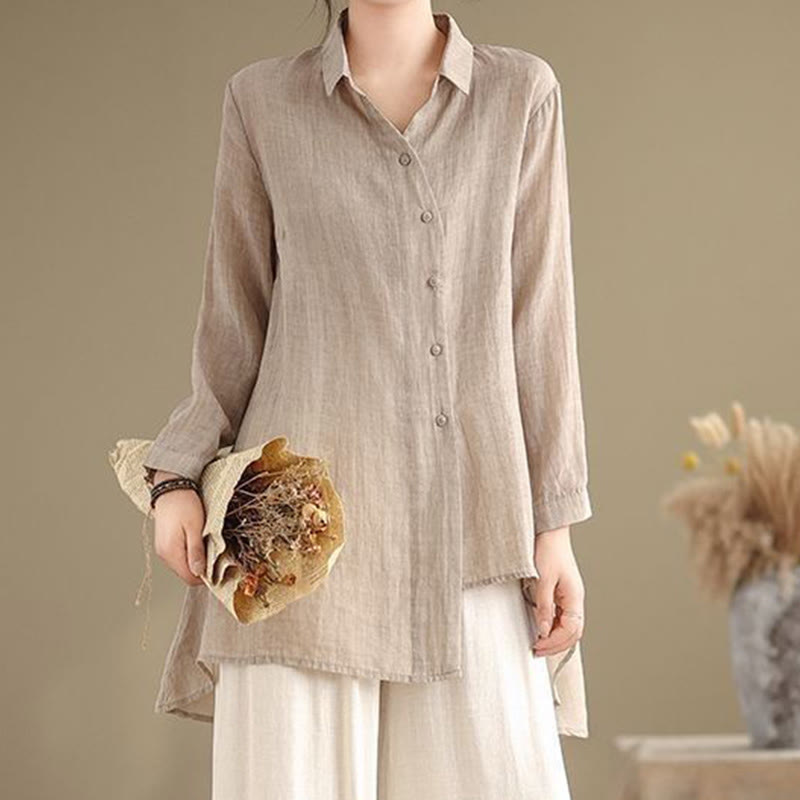 Buddha Stones Irregular Design Buttons Long Sleeve Women's Cotton Shirt