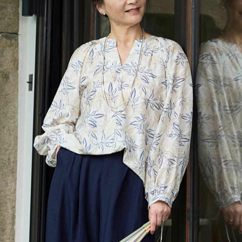 Buddha Stones Blue Beige Flowers Notched Design Long Sleeve Women's Shirt For Older Adults
