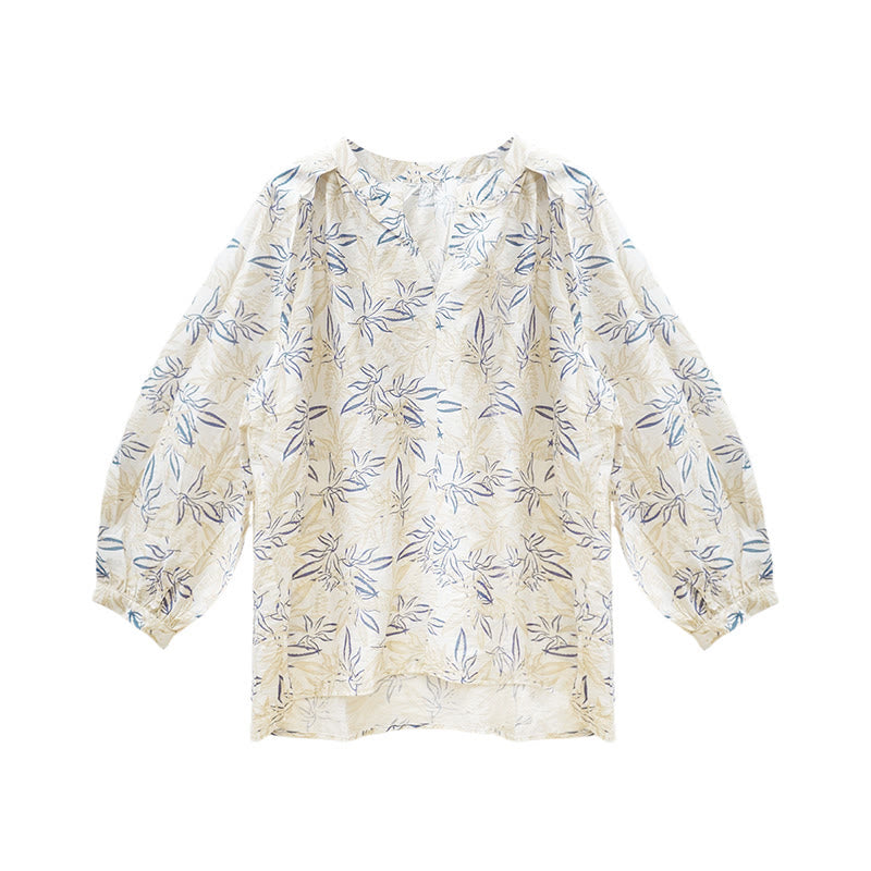 Buddha Stones Blue Beige Flowers Notched Design Long Sleeve Women's Shirt For Older Adults