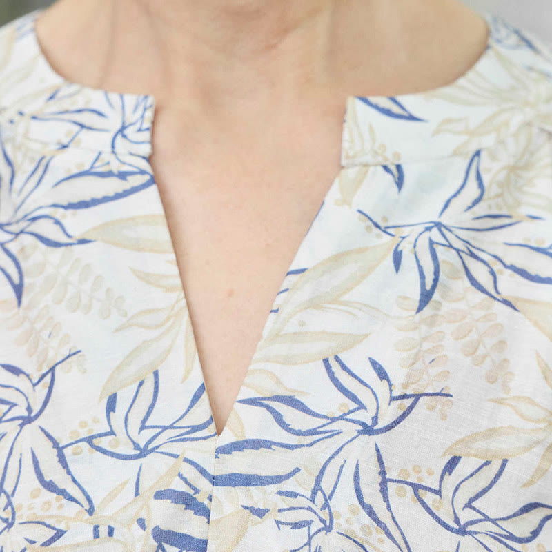 Buddha Stones Blue Beige Flowers Notched Design Long Sleeve Women's Shirt For Older Adults