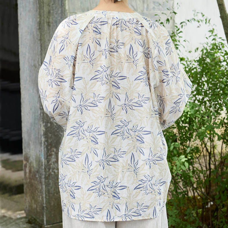 Buddha Stones Blue Beige Flowers Notched Design Long Sleeve Women's Shirt For Older Adults