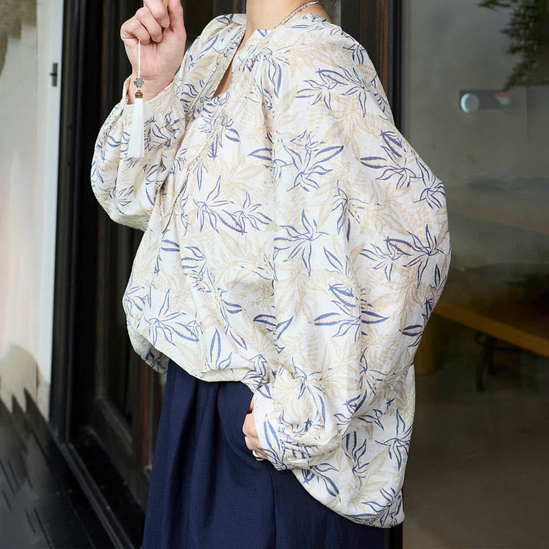 Buddha Stones Blue Beige Flowers Notched Design Long Sleeve Women's Shirt For Older Adults