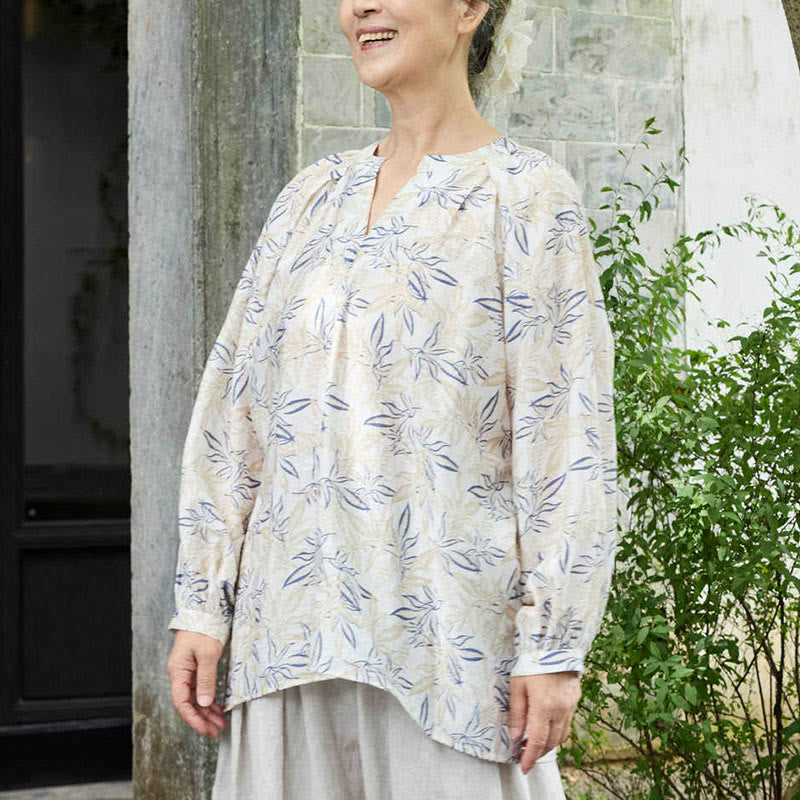Buddha Stones Blue Beige Flowers Notched Design Long Sleeve Women's Shirt For Older Adults