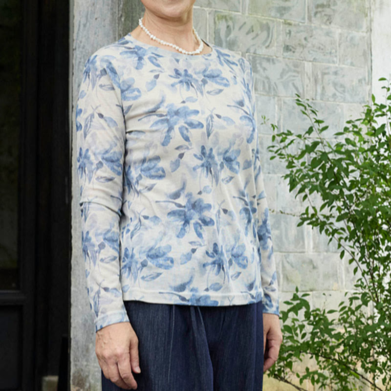 Buddha Stones Fall Blue Floral Women's Long Sleeve T-Shirt For Older Adults