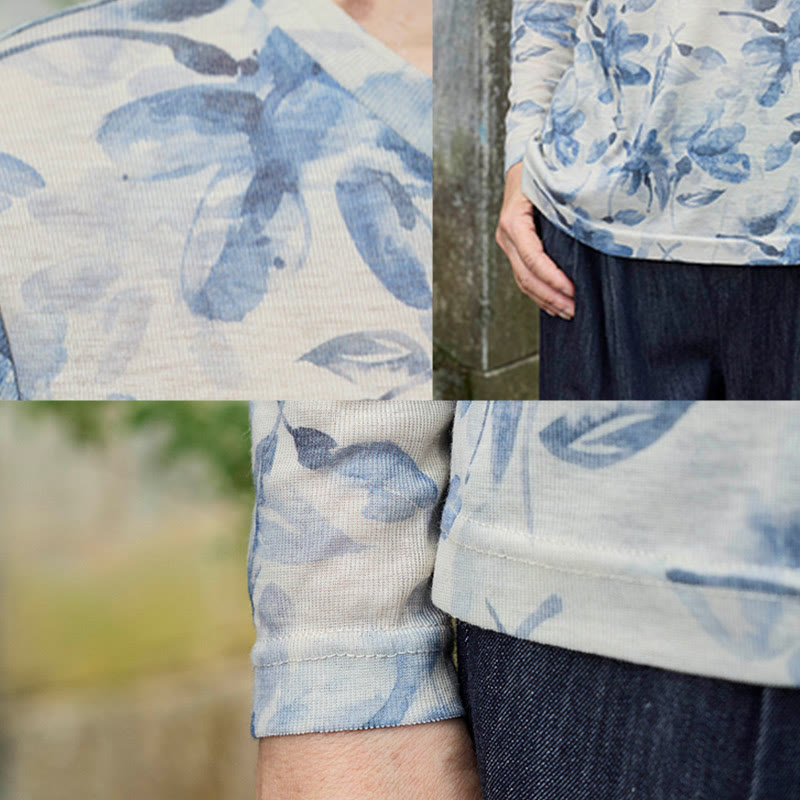 Buddha Stones Fall Blue Floral Women's Long Sleeve T-Shirt For Older Adults