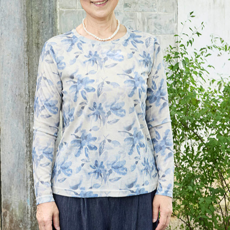 Buddha Stones Fall Blue Floral Women's Long Sleeve T-Shirt For Older Adults