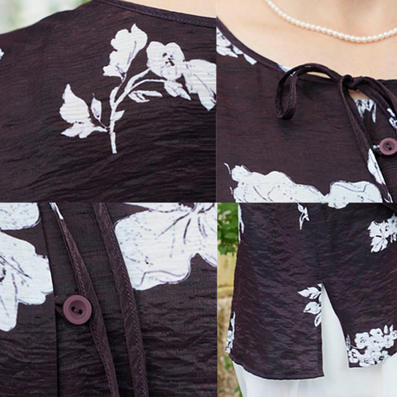 Buddha Stones Black Floral Flowers Lace-Up Buttons Long Sleeve Women's Shirt For Older Adults