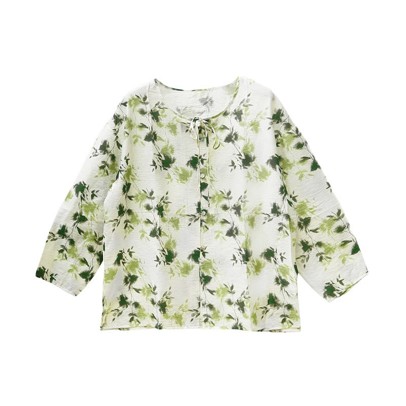 Buddha Stones Green Floral Leaves Lace-Up Buttons Long Sleeve Women's Shirt For Older Adults
