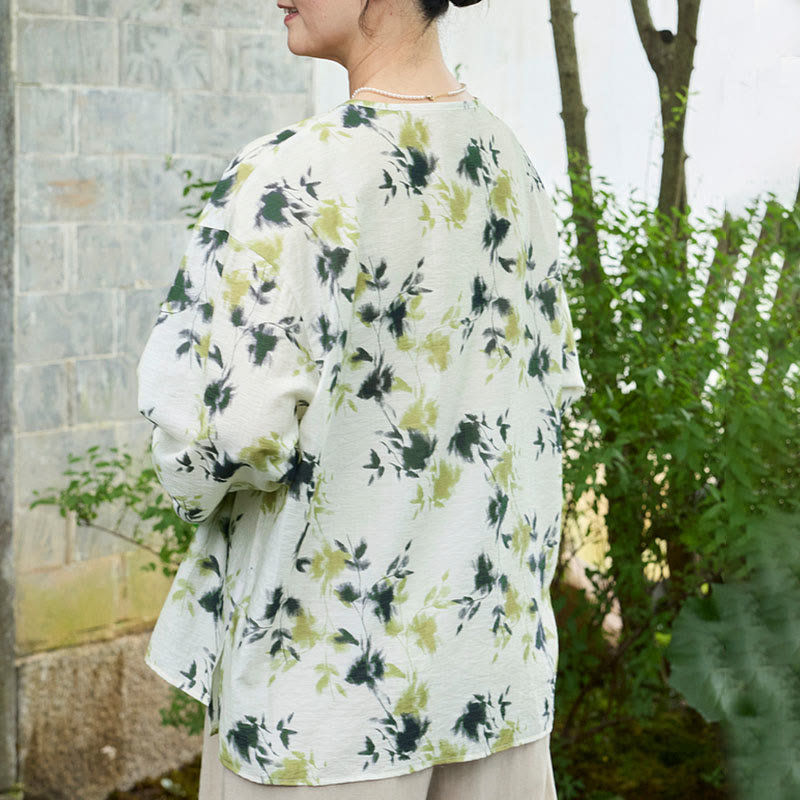 Buddha Stones Green Floral Leaves Lace-Up Buttons Long Sleeve Women's Shirt For Older Adults