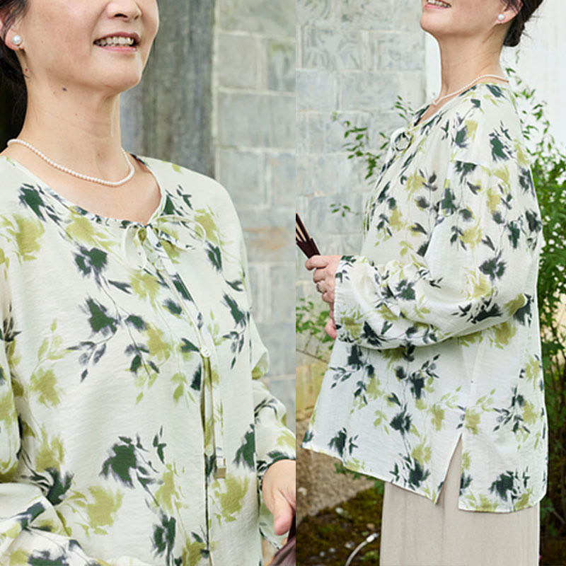 Buddha Stones Green Floral Leaves Lace-Up Buttons Long Sleeve Women's Shirt For Older Adults