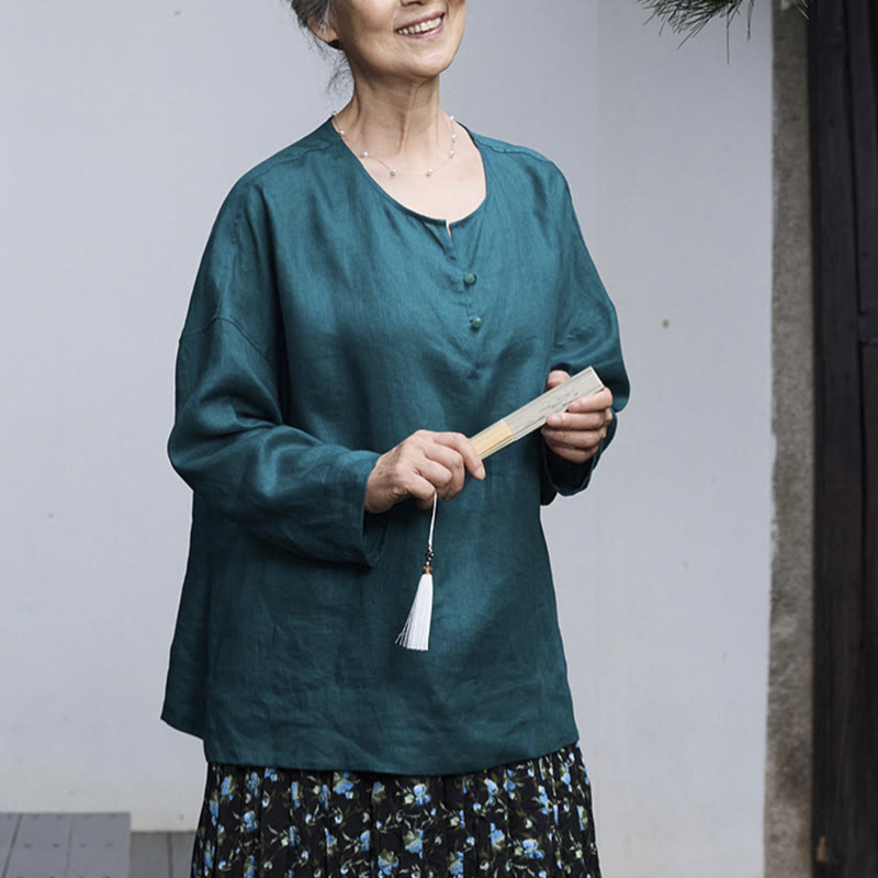Buddha Stones Solid Color Linen Long Sleeve Women's Shirt For Older Adults