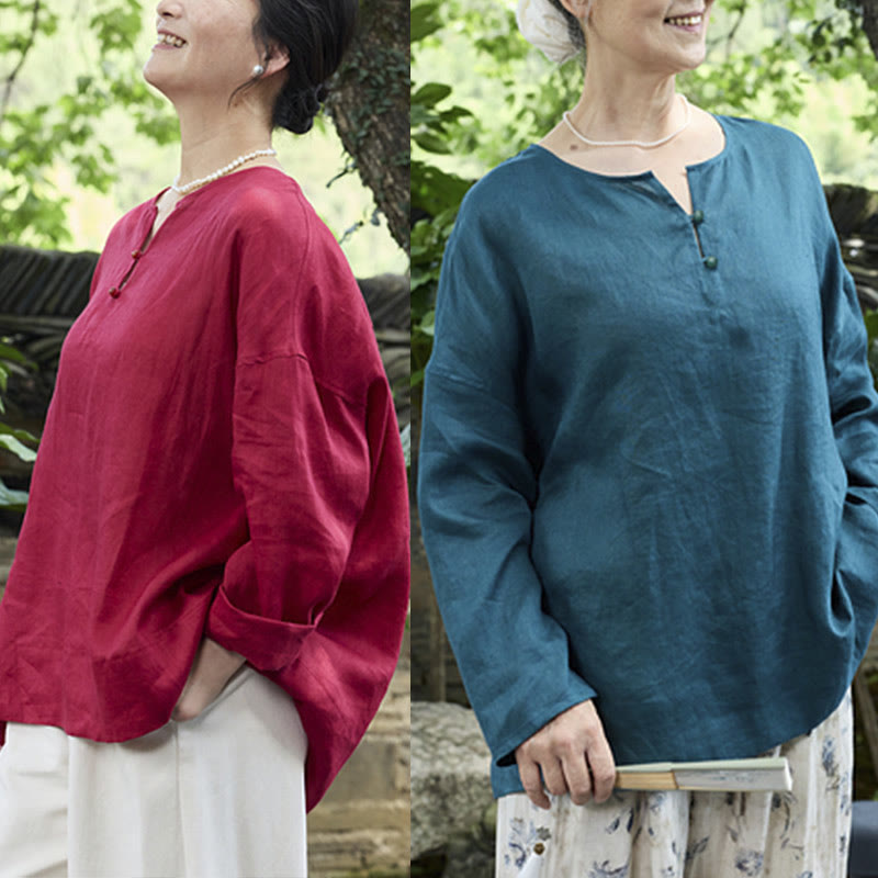 Buddha Stones Solid Color Linen Long Sleeve Women's Shirt For Older Adults