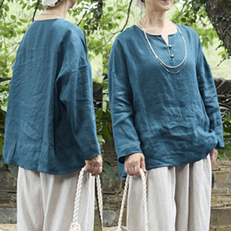 Buddha Stones Solid Color Linen Long Sleeve Women's Shirt For Older Adults
