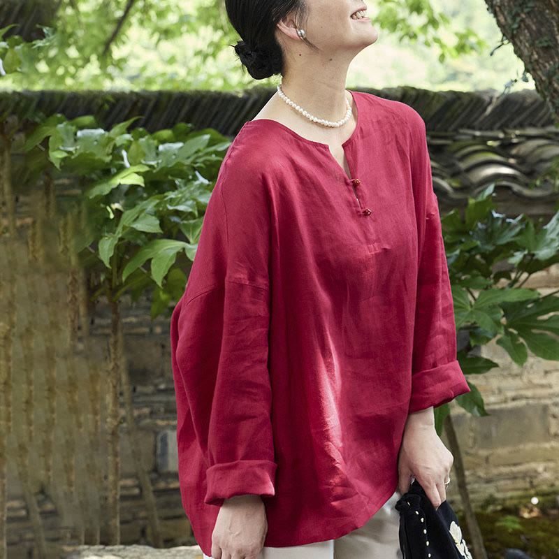 Buddha Stones Solid Color Linen Long Sleeve Women's Shirt For Older Adults