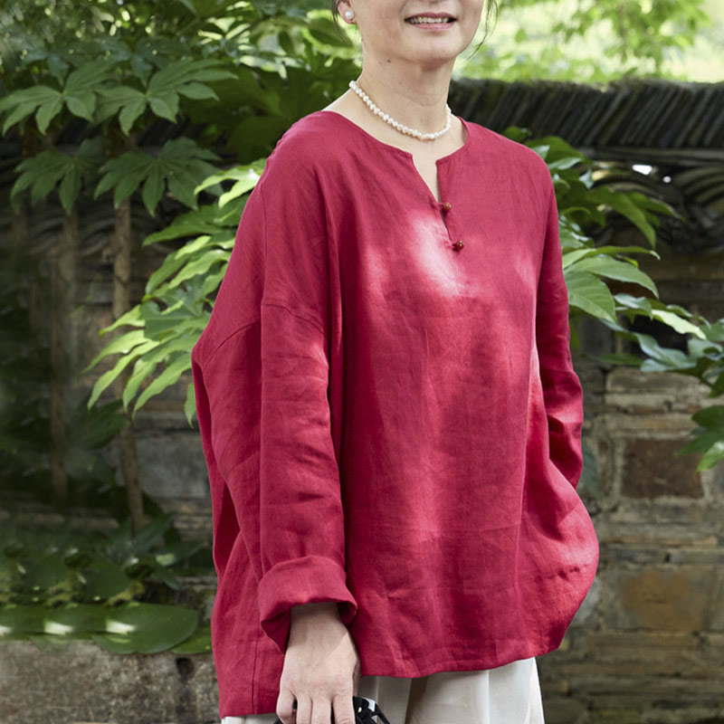 Buddha Stones Solid Color Linen Long Sleeve Women's Shirt For Older Adults