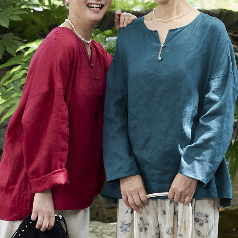 Buddha Stones Solid Color Linen Long Sleeve Women's Shirt For Older Adults