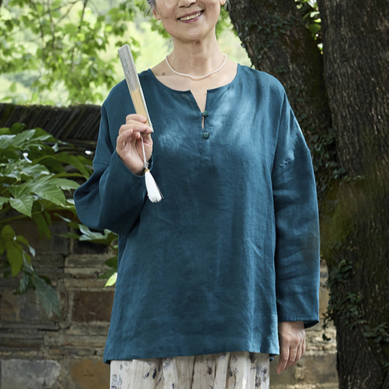 Buddha Stones Solid Color Linen Long Sleeve Women's Shirt For Older Adults