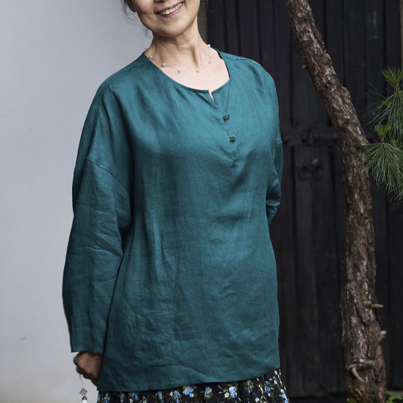 Buddha Stones Solid Color Linen Long Sleeve Women's Shirt For Older Adults