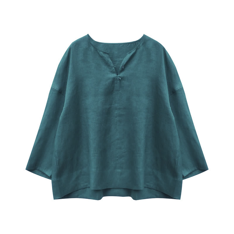 Buddha Stones Solid Color Linen Long Sleeve Women's Shirt For Older Adults