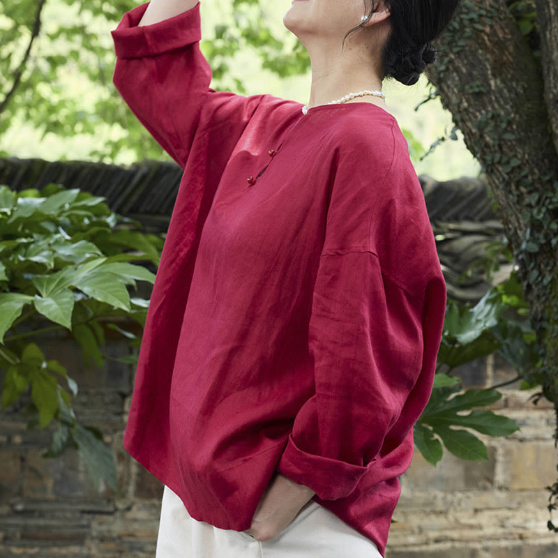 Buddha Stones Solid Color Linen Long Sleeve Women's Shirt For Older Adults