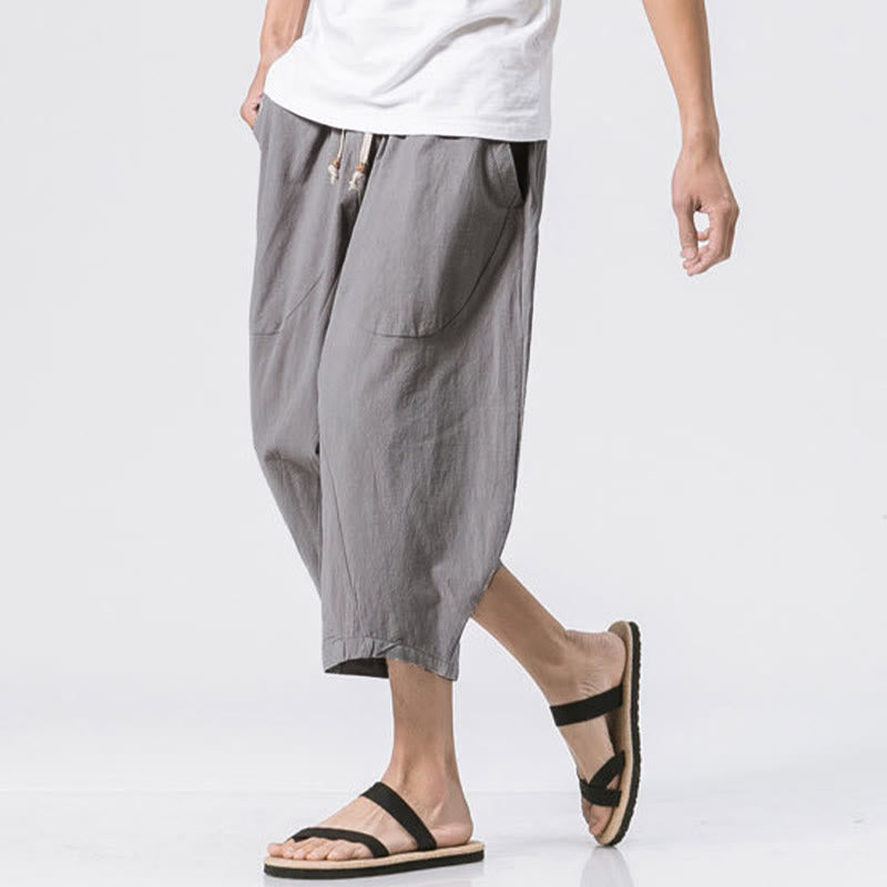 Buddha Stones Summer Casual Simple Plain Design 7-8 Length Men's Drawstring Pants With Pockets