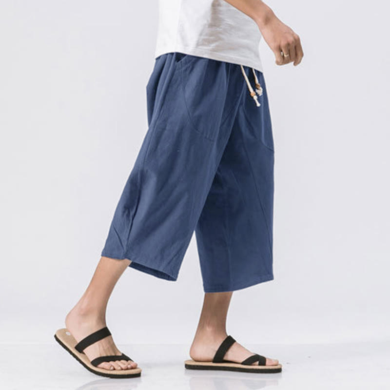 Buddha Stones Summer Casual Simple Plain Design 7-8 Length Men's Drawstring Pants With Pockets