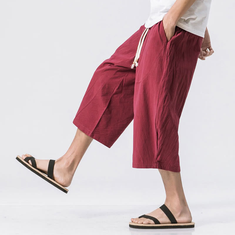 Buddha Stones Summer Casual Simple Plain Design 7-8 Length Men's Drawstring Pants With Pockets