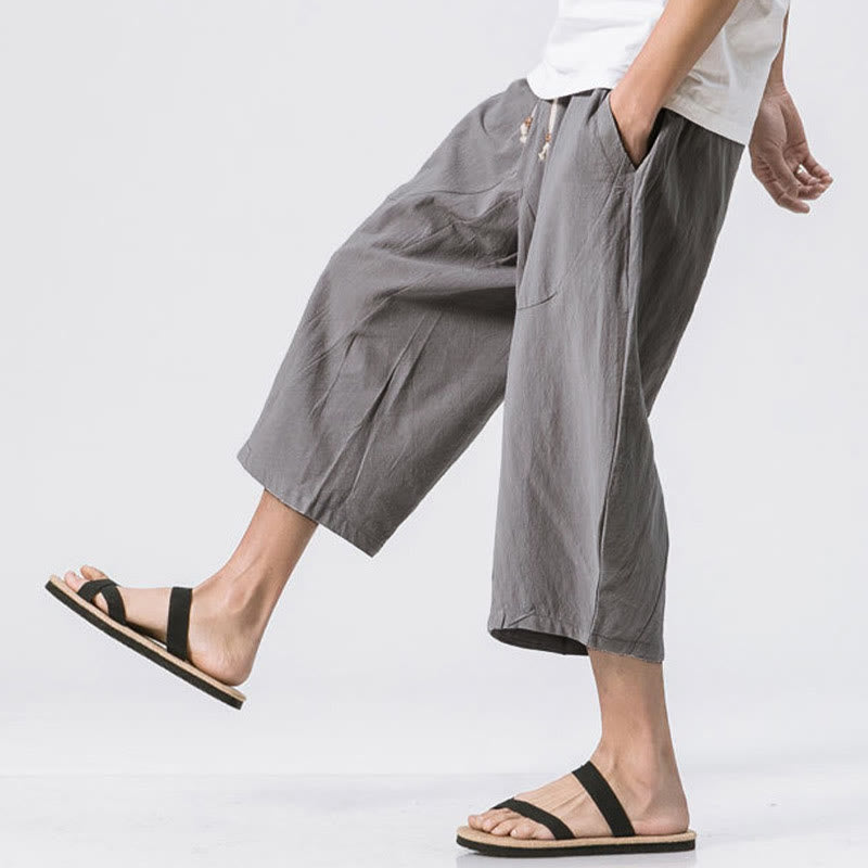 Buddha Stones Summer Casual Simple Plain Design 7-8 Length Men's Drawstring Pants With Pockets