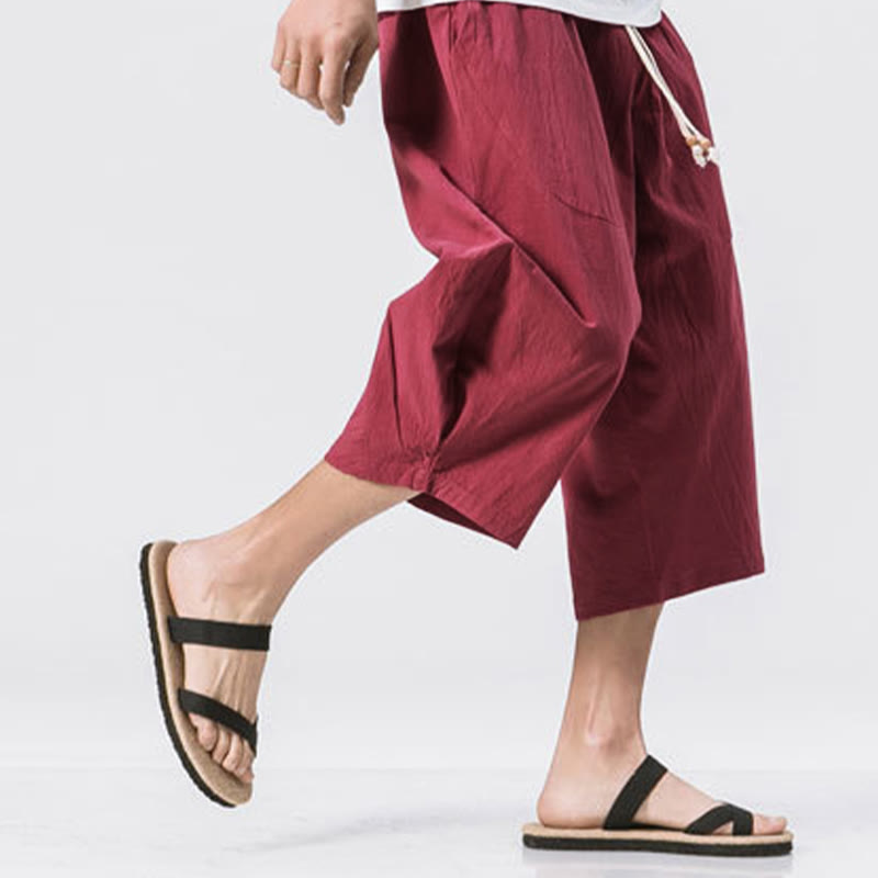Buddha Stones Summer Casual Simple Plain Design 7-8 Length Men's Drawstring Pants With Pockets