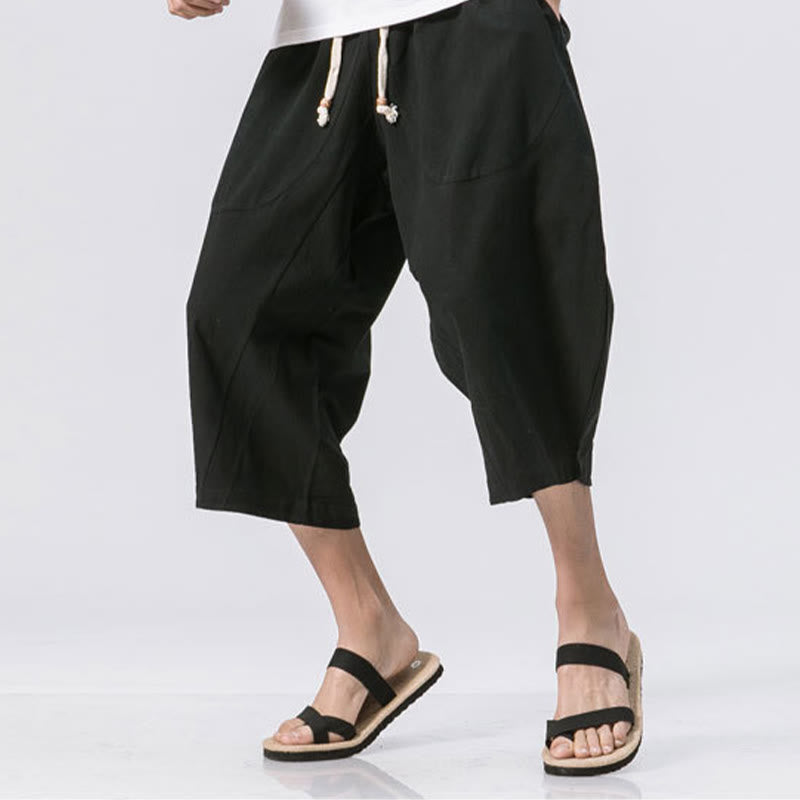 Buddha Stones Summer Casual Simple Plain Design 7-8 Length Men's Drawstring Pants With Pockets