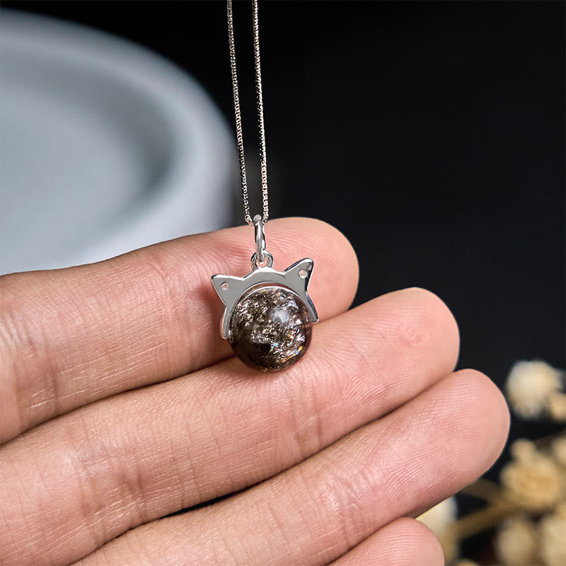 Buddha Stones 925 Sterling Silver Natural Black Super Seven Crystal Cat Necklace Pendant