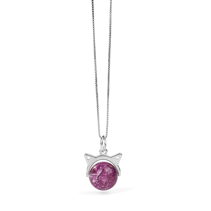 Buddha Stones 925 Sterling Silver Natural Light Purple Fireworks Super Seven Crystal Cat Necklace Pendant