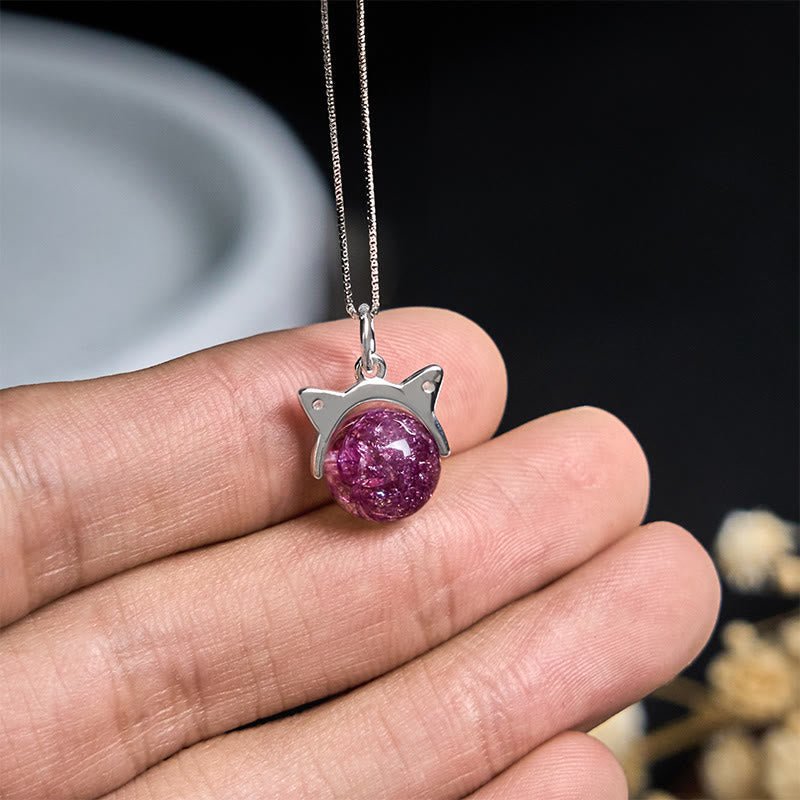 Buddha Stones 925 Sterling Silver Natural Light Purple Fireworks Super Seven Crystal Cat Necklace Pendant