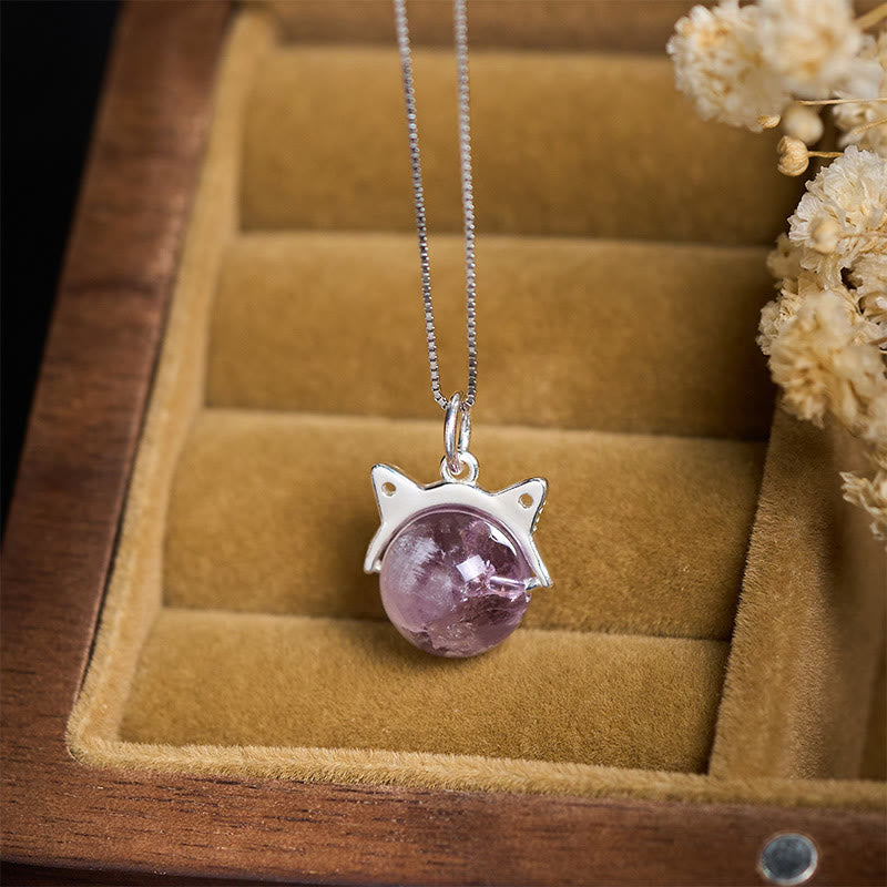 Buddha Stones 925 Sterling Silver Natural Rainbow Amethyst Cat Positive Necklace Pendant