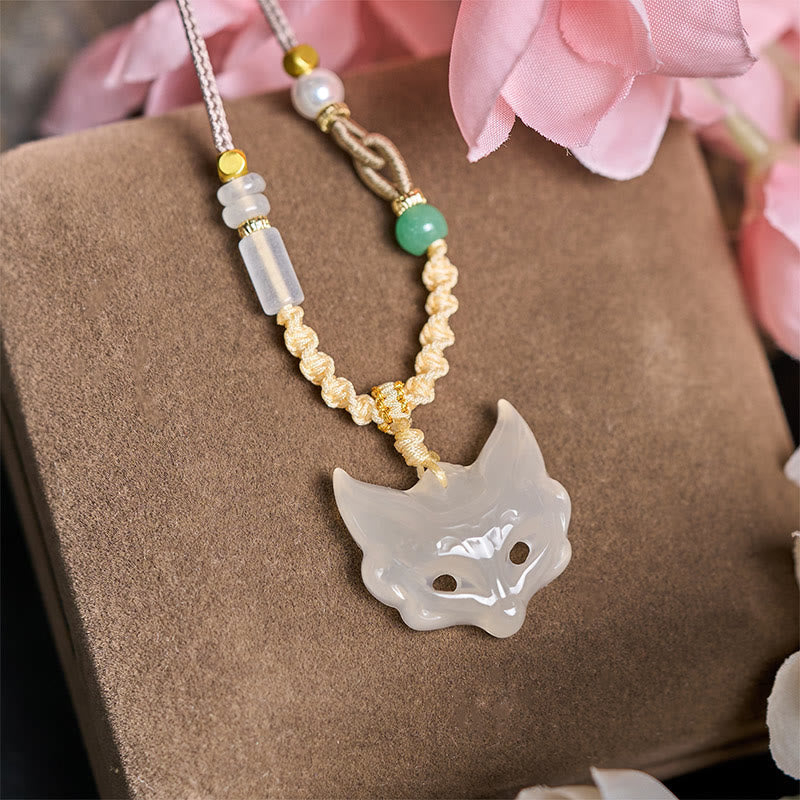 Buddha Stones Fox Mask White Agate Protection Necklace Pendant