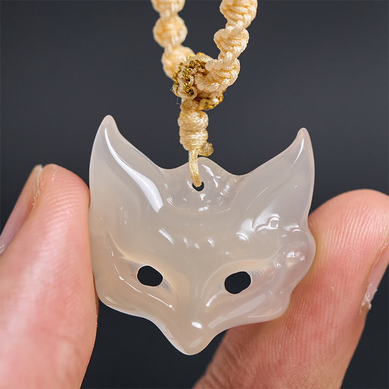 Buddha Stones Fox Mask White Agate Protection Necklace Pendant