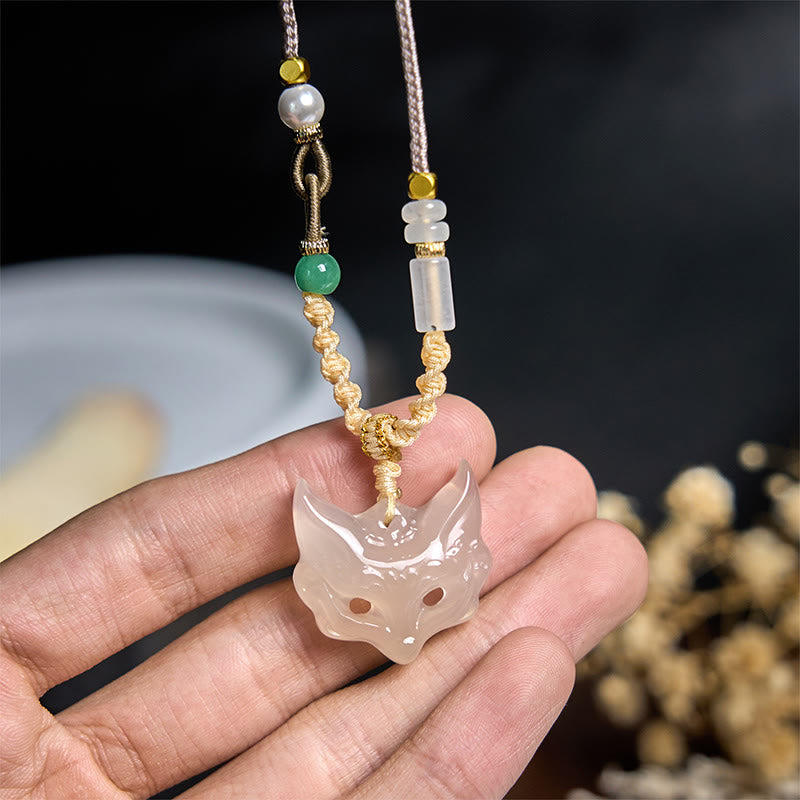 Buddha Stones Fox Mask White Agate Protection Necklace Pendant
