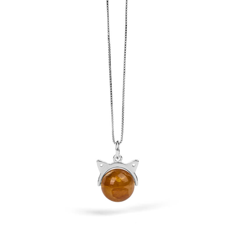 Buddha Stones 925 Sterling Silver Natural Inclusion Quartz Yellow Flower Quartz Cat Wealth Necklace Pendant