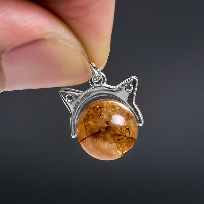 Buddha Stones 925 Sterling Silver Natural Inclusion Quartz Yellow Flower Quartz Cat Wealth Necklace Pendant