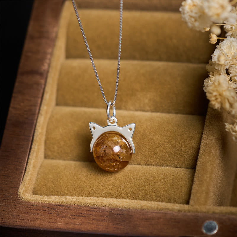 Buddha Stones 925 Sterling Silver Natural Inclusion Quartz Yellow Flower Quartz Cat Wealth Necklace Pendant
