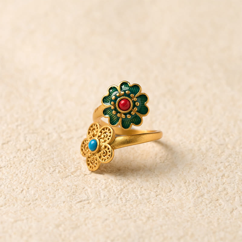 Buddha Stones Double Petals Copper Dripping Turquoise Wealth Ring