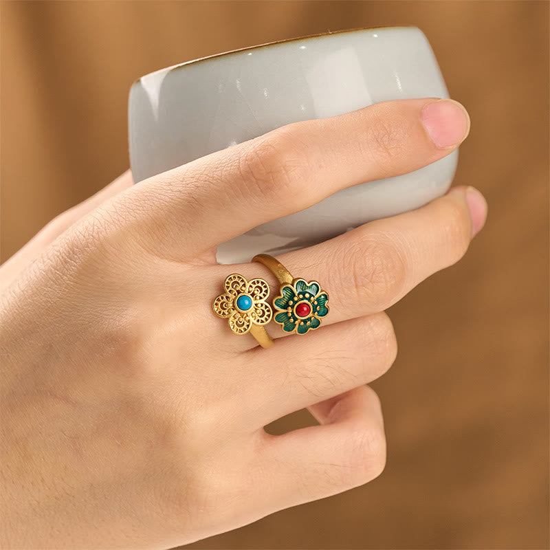 Buddha Stones Double Petals Copper Dripping Turquoise Wealth Ring