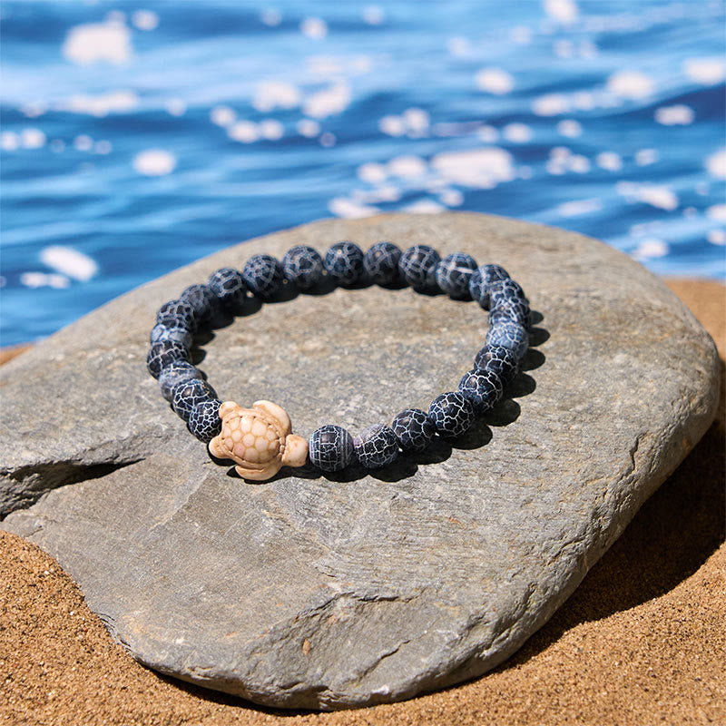 Buddha Stones Natural Stone Sea Turtle Turquoise Crackle Agate Wisdom Bracelet